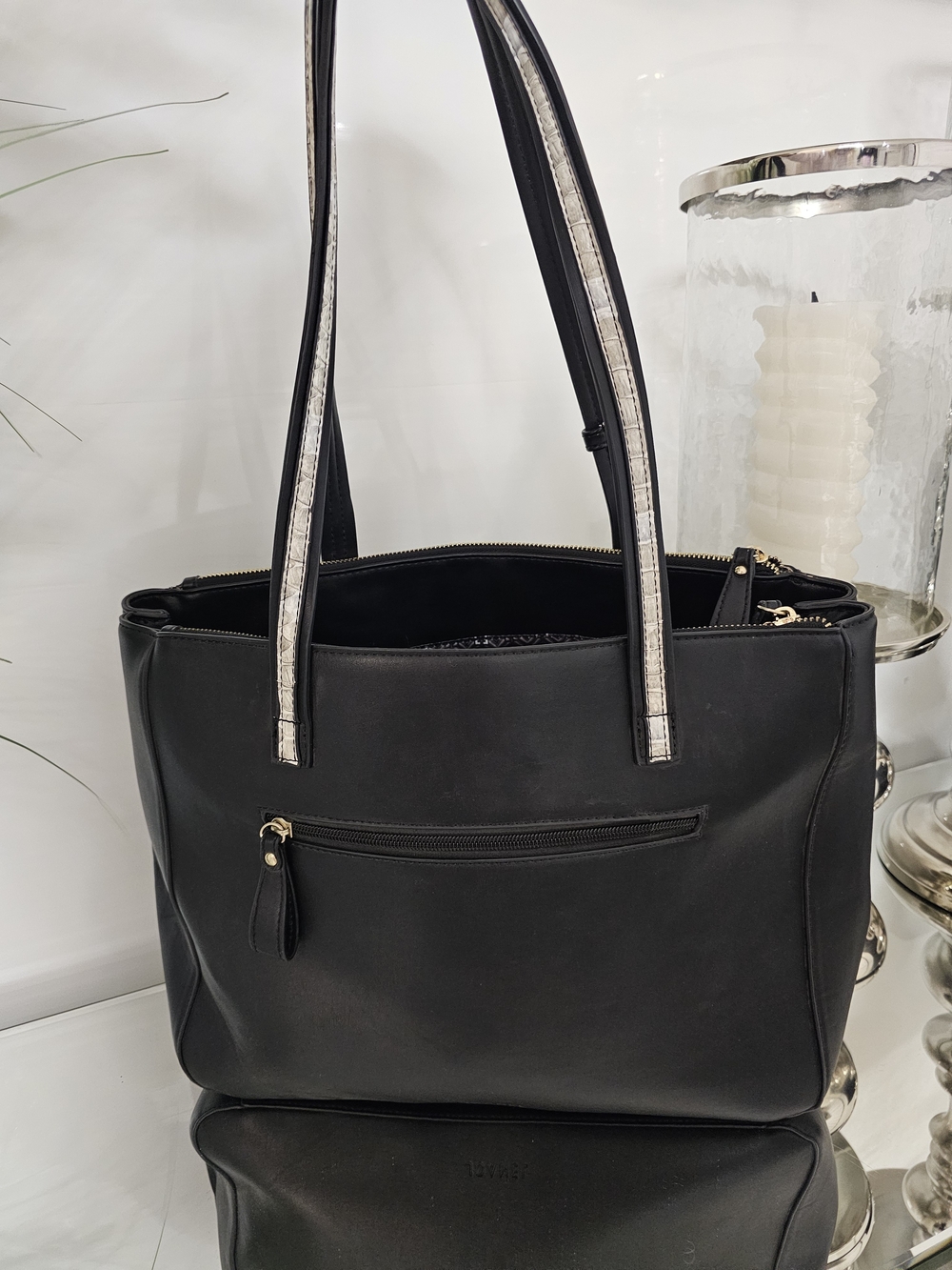 Black Shoulder Tote with Gold & Snakeskin Accent - Picture 2 of 5